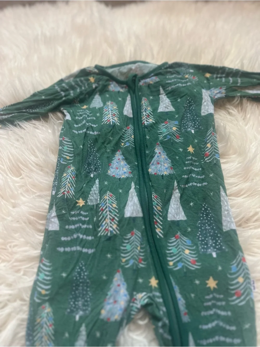 6-12 Months Little Sleepies Green Holiday Tree Print Footed One-Piece